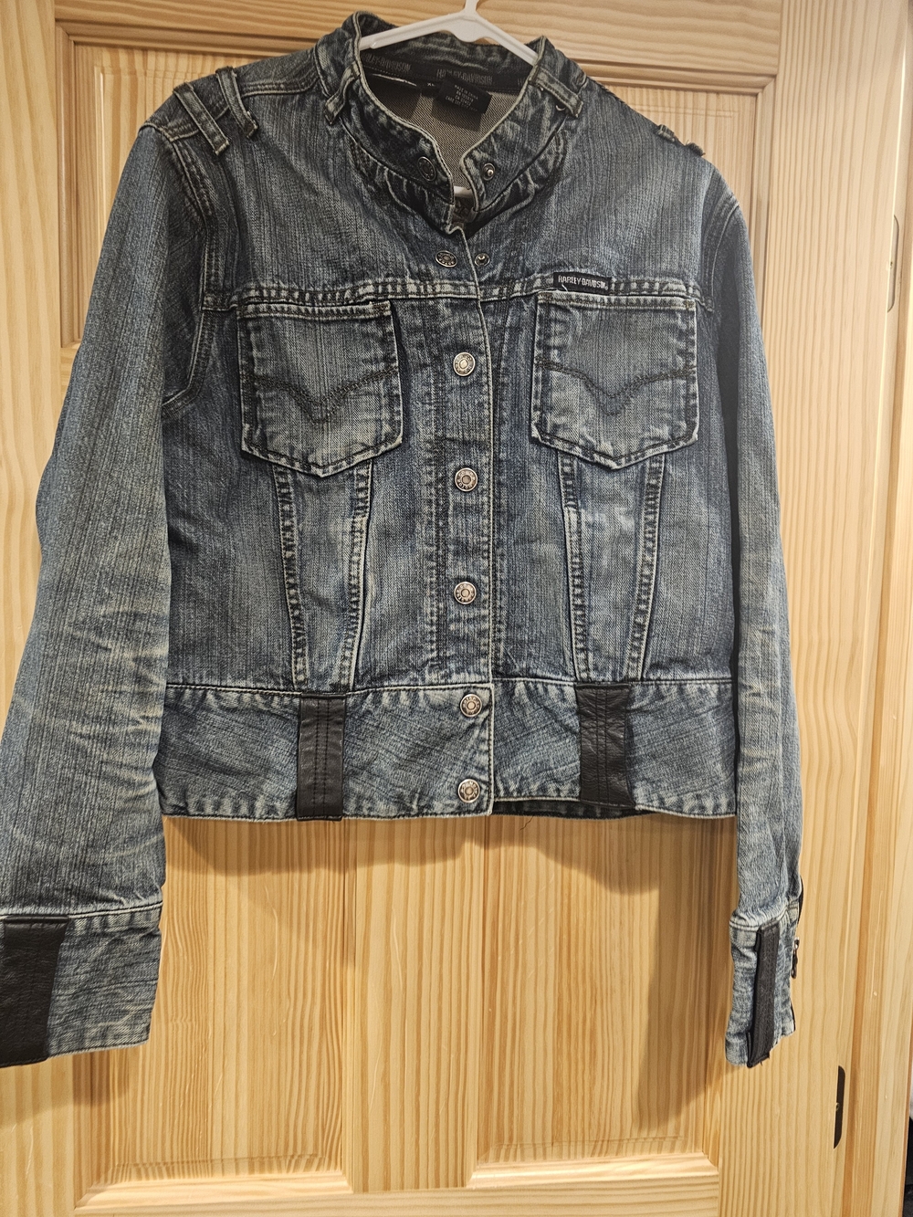 Harley-Davidson Denim Jacket Womens XL Leather Trim Grunge Jean Snap Button - Picture 8 of 16